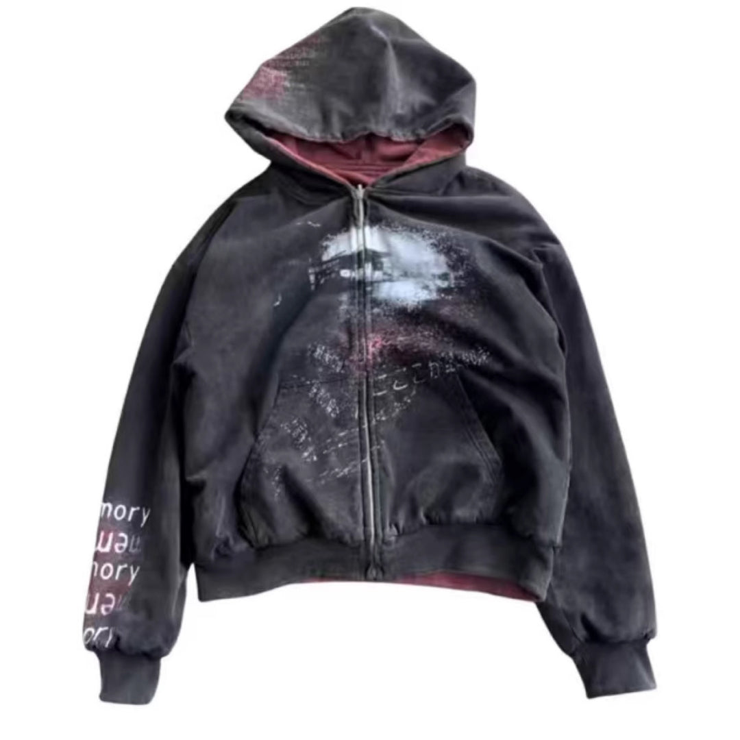 Unisex nan Kapuzenjacke mit durchgehendem Reißverschluss, Used‑Effekt, doppellagiger Kapuze und Ärmeldruck Drune