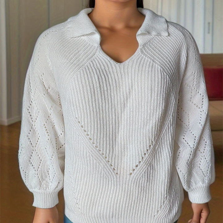 Damen Strickpullover mit eleganter Stickerei und auffälligem V-Ausschnitt Drune