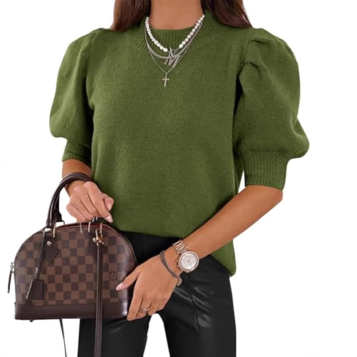 Damen Kurzgeschnitteter Feinstrickpullover mit Puffärmeln und Rippbündchen Drune