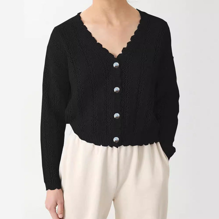 Damen Strickjacke mit filigranem Lochmuster und Wellenabschlüssen Drune