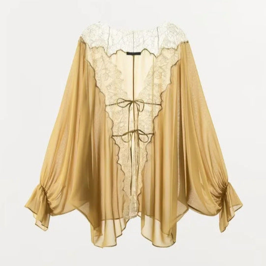 Damen Transparenter Chiffonkimono mit Spitzenbesatz und Volumenärmeln Drune