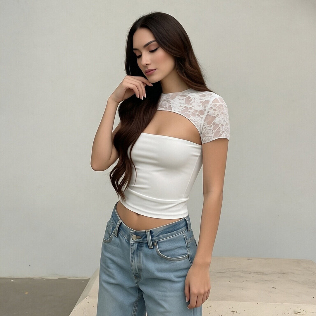 Damen Crop-Top mit Spitzenärmel und figurbetontem Schnitt Drune