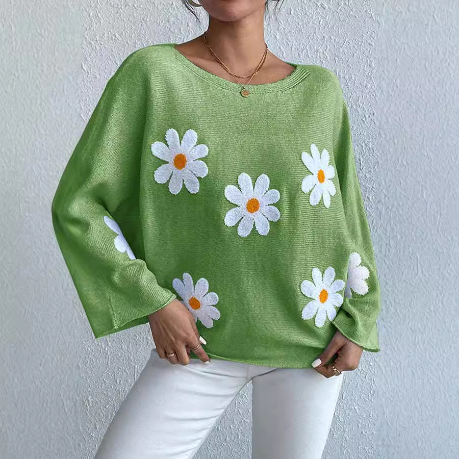 Damen Strickpullover mit verspieltem Blumendesign und weitem Schnitt Drune
