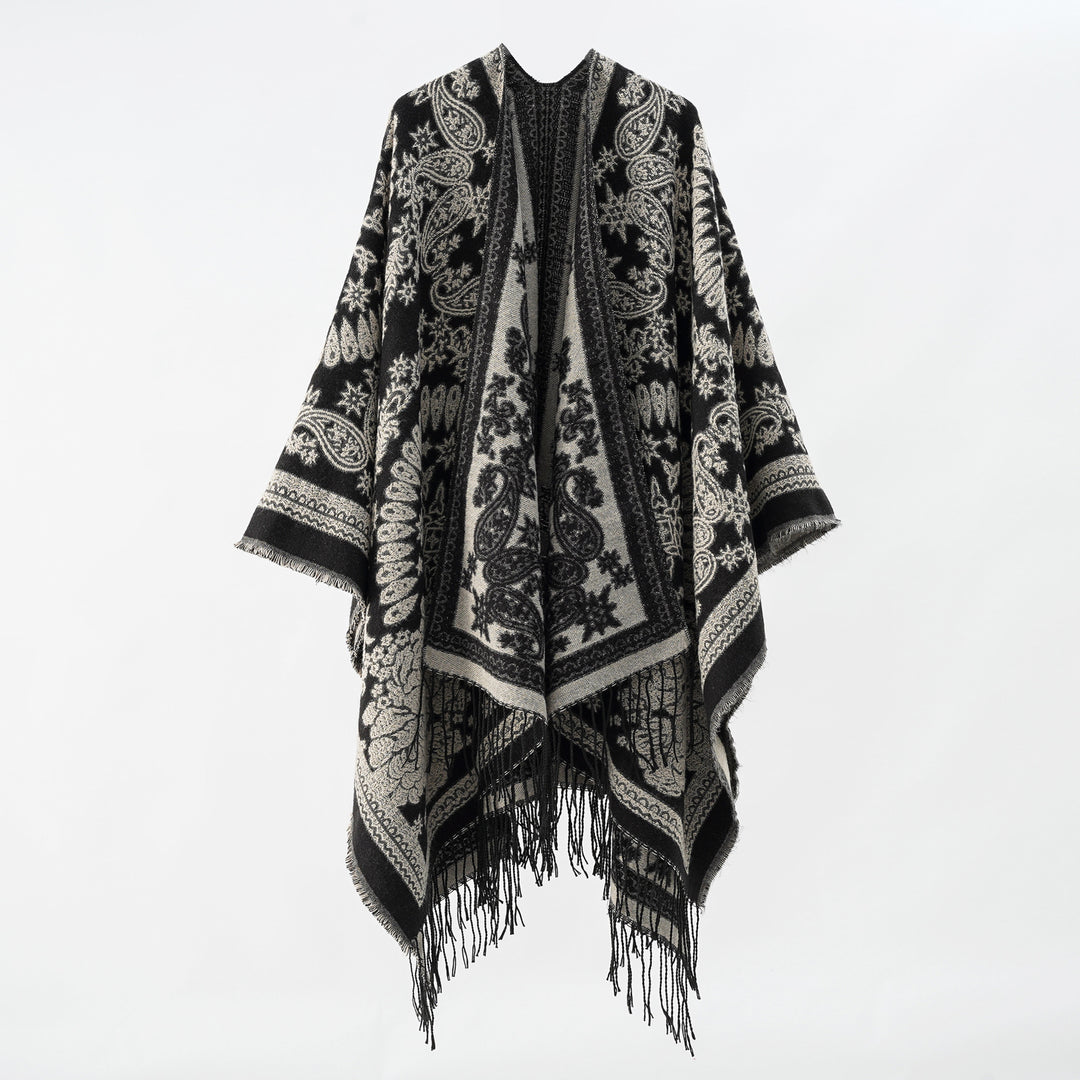 Damen Jacquard-Umhangponcho aus Wollmix mit beidseitigem Paisley-Jacquard und Fransen Drune