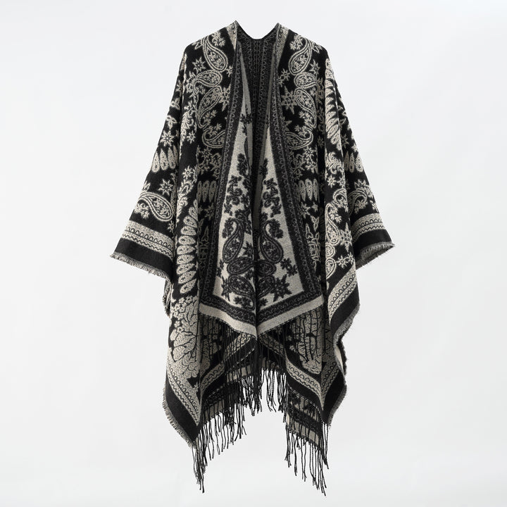 Damen Jacquard-Umhangponcho aus Wollmix mit beidseitigem Paisley-Jacquard und Fransen Drune