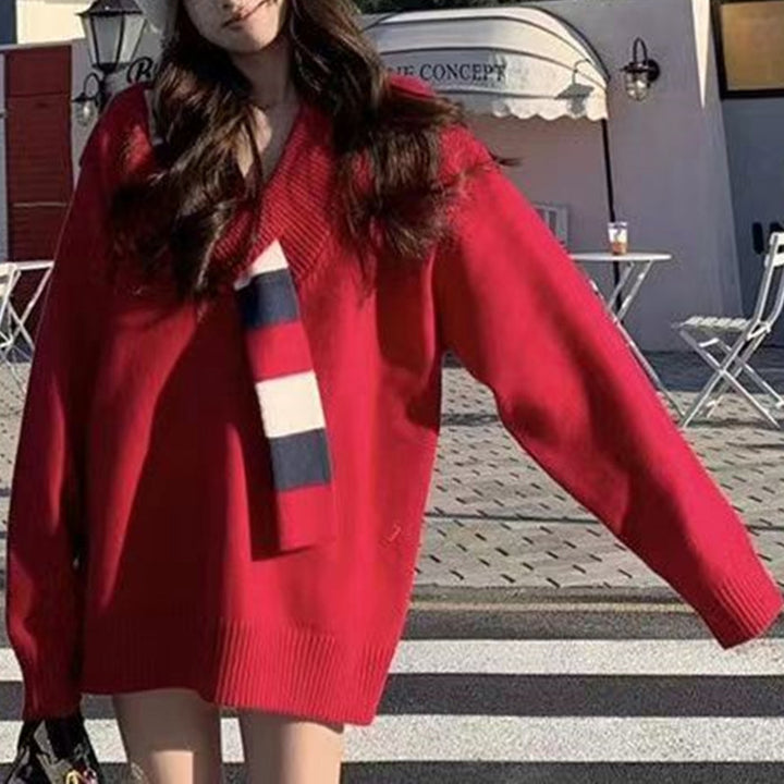 Damen lässiger Pullover mit strukturiertem V-Ausschnitt und oversized Schnitt Drune