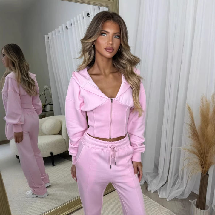 Damen Zweiteiler aus Sweat mit Cropped Kapuzenjacke und High-Waist Jogginghose Drune