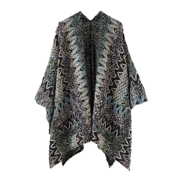 Damen Grobgestrickter Ethno-Ruana-Poncho mit Zickzack‑Jacquard und offenem Fall Drune