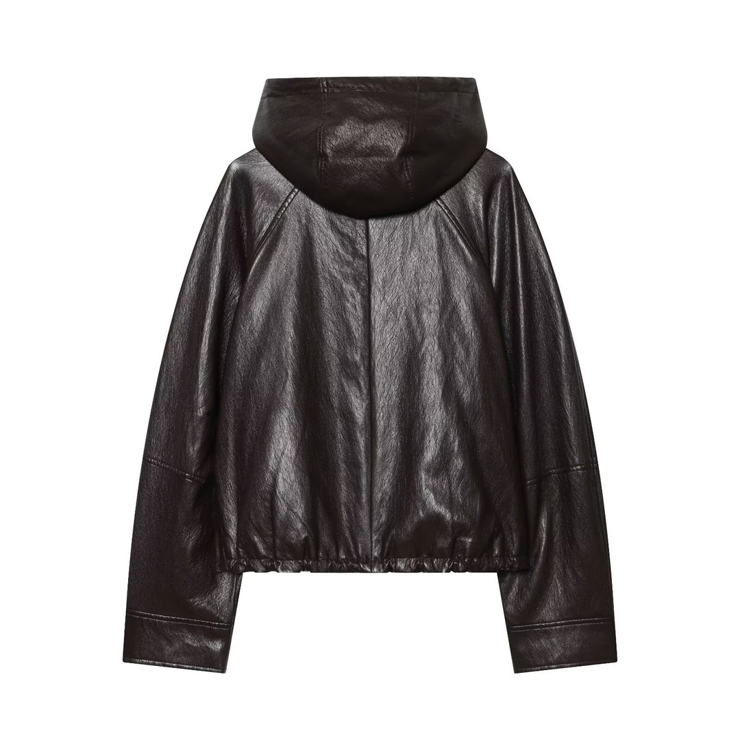 Damen Kapuzen-Leder-Bomberjacke mit Reißverschluss, Kordelzug und elastischem Saum Drune