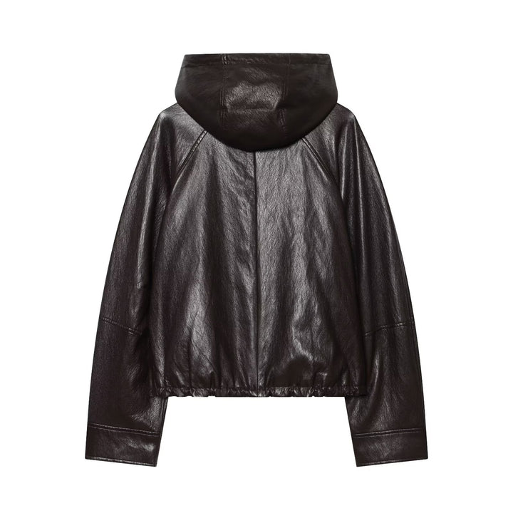 Damen Kapuzen-Leder-Bomberjacke mit Reißverschluss, Kordelzug und elastischem Saum Drune