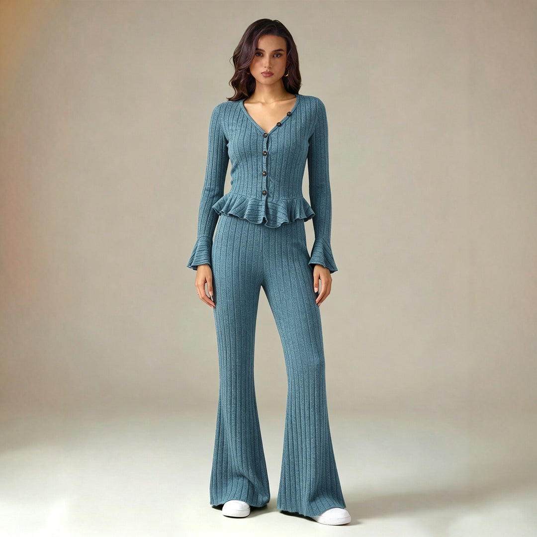 Damen feinstrukturiertes Rippstrick-Set mit tailliertem Knopfcardigan, Volant-Taillenpassform und ausgestellter Schlaghose Drune
