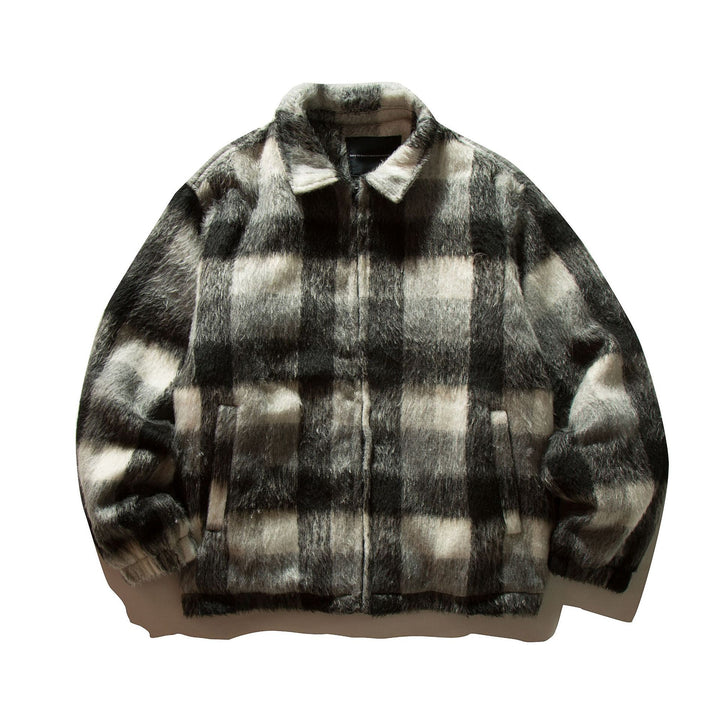 Unisex Kurz geschnittene karierte Fellimitat-Blousonjacke mit Stehkragen und verdecktem Reißverschluss Drune