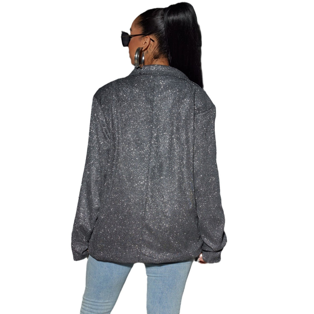 Damen Glitzernder Oversize-Blazer mit Pattentaschen & schimmernder Struktur Drune
