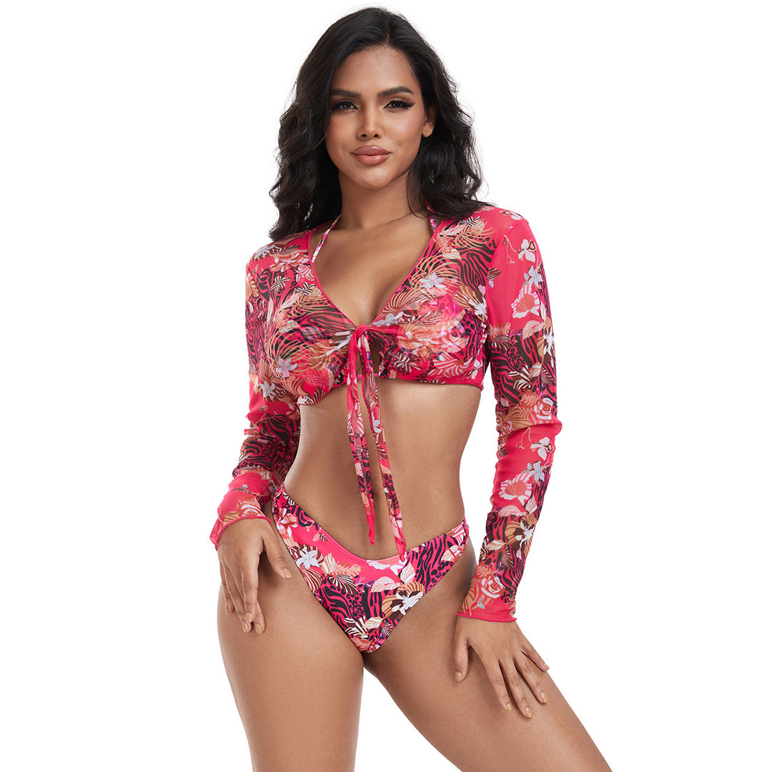Damen Buntes Crop-Top mit langen Ärmeln und Knotendetail Drune
