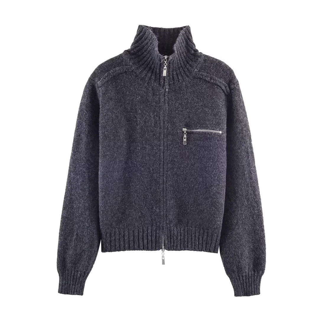 Damen Grobgestrickte Reißverschluss‑Strickjacke mit hohem Rippkragen und Brusttasche Drune