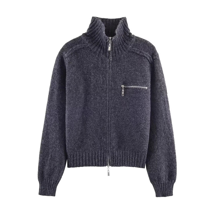 Damen Grobgestrickte Reißverschluss‑Strickjacke mit hohem Rippkragen und Brusttasche Drune