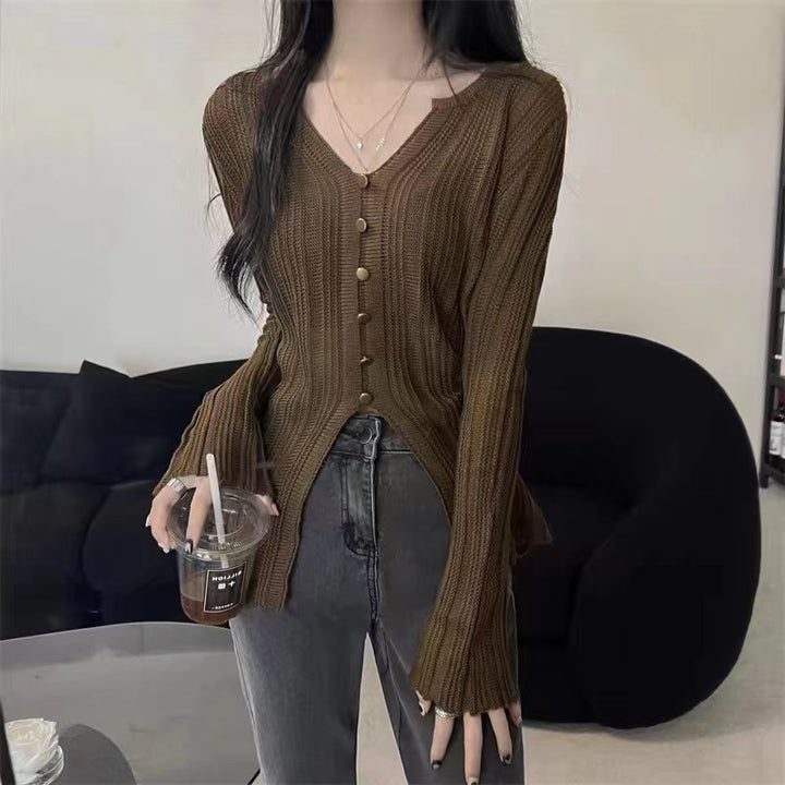 Damen eleganter V-Ausschnitt Pullover mit Knopfdetail und lässigen Ärmeln Drune