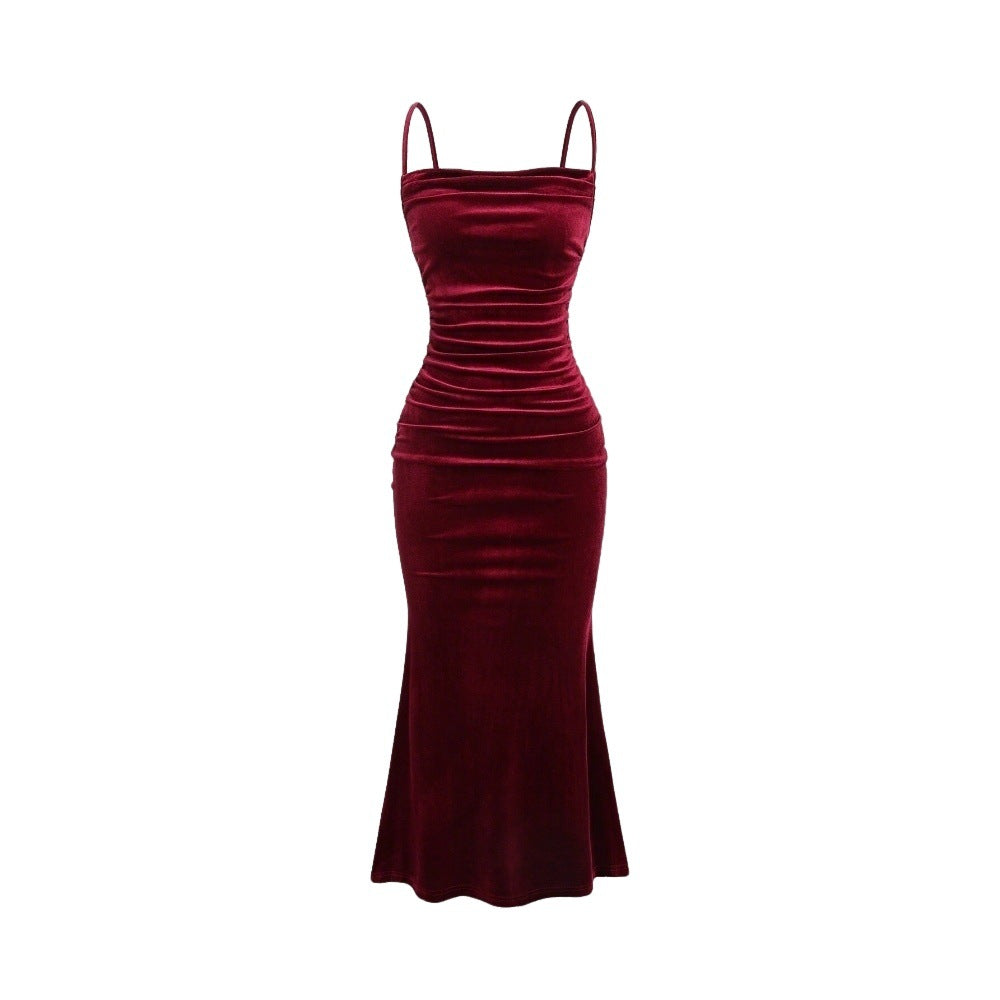 Damen Elegantes Samt-Maxi-Kleid mit figurbetontem Schnitt und raffinierten Raffungseffekten Drune