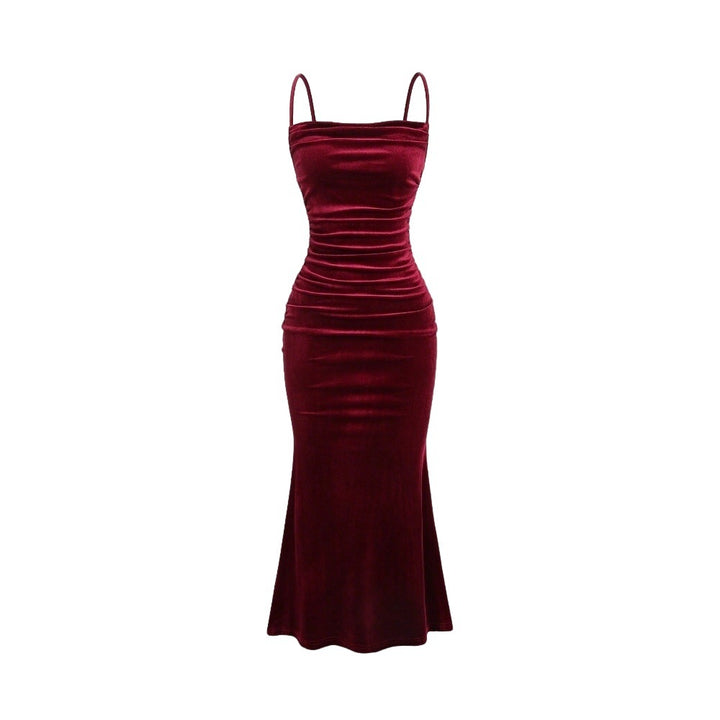 Damen Elegantes Samt-Maxi-Kleid mit figurbetontem Schnitt und raffinierten Raffungseffekten Drune