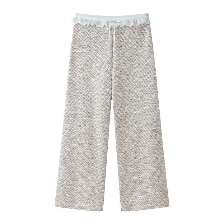 Damen Weite Tweed-Hose mit Spitzenbund und Kordelzug Drune