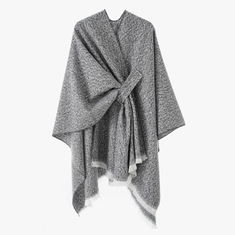 Damen Wollmix-Umhang mit Bindeschlaufe und Fransensaum Drune