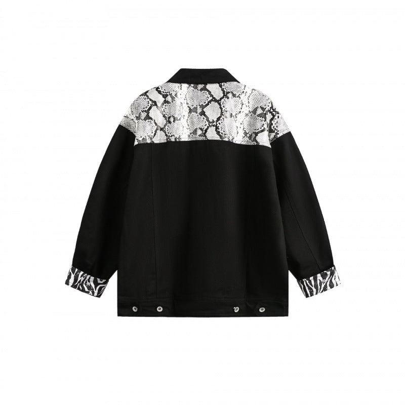Damen Oversize-Jeansjacke im Patchwork-Tierprint mit Reverskragen und Pattentaschen Drune