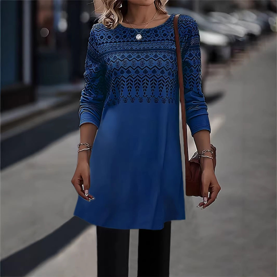 Frauen Longline Tunika Kleid mit Ethno Druck und Rundhalsausschnitt Drune