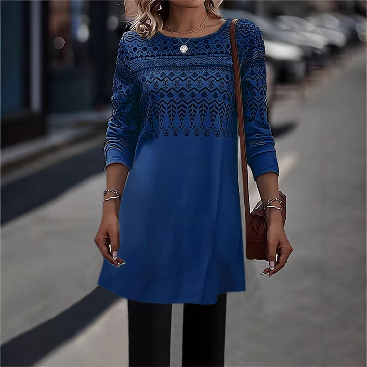 Frauen Longline Tunika Kleid mit Ethno Druck und Rundhalsausschnitt Drune