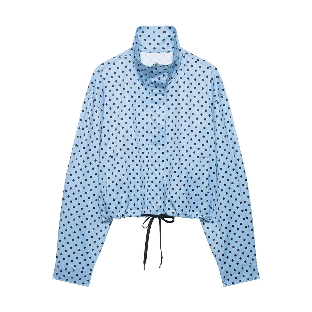 Damen Cropped-Übergangsjacke mit Polka-Dot, hohem Funnelkragen und Tunnelzug Drune