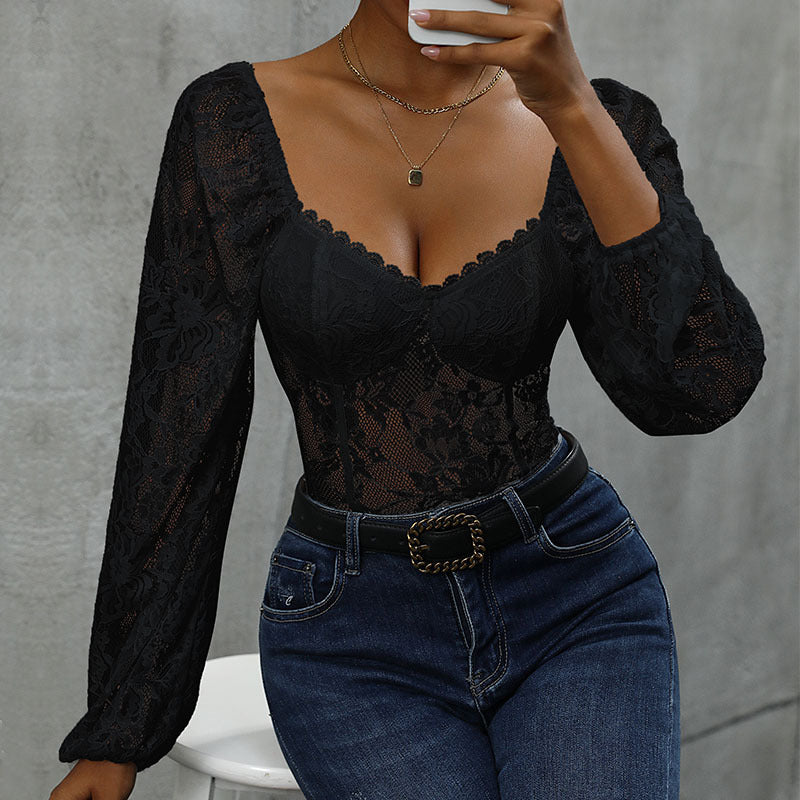 Damen Spitzen-Corsage mit Herzausschnitt, integrierten Cups und transparenten Puffärmeln Drune