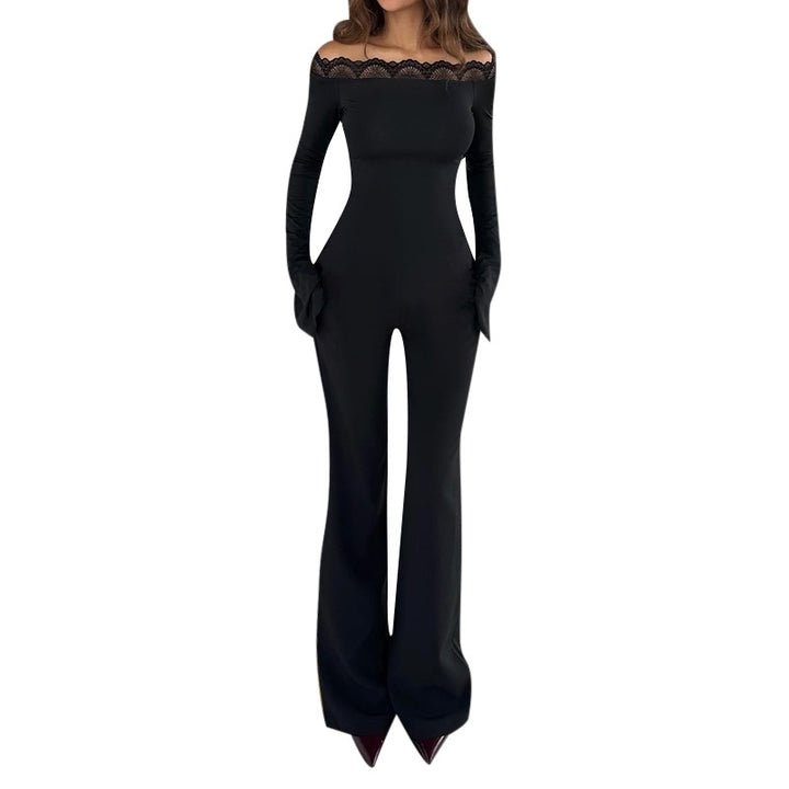 Damen eleganter Off-Shoulder Jumpsuit mit Spitzenakzenten und ausgestelltem Bein Drune