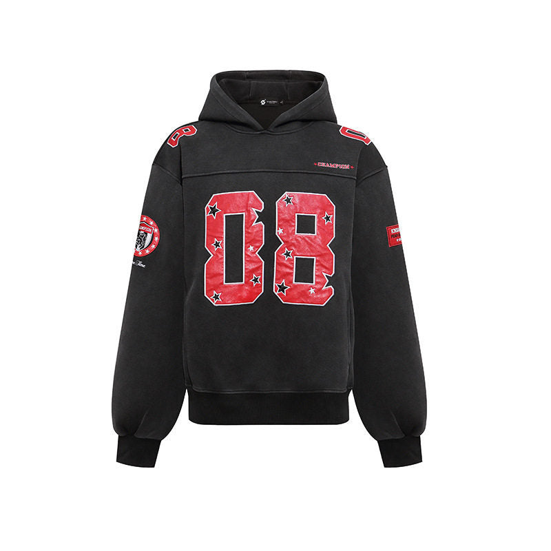 Damen Oversize Kapuzen-Sweatshirt mit großflächigem Zahlendruck und Sternapplikationen Drune