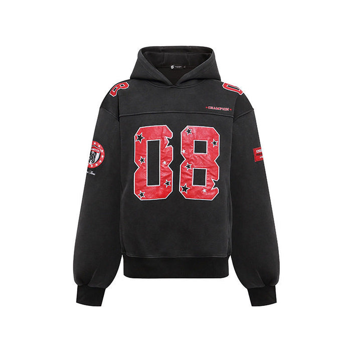 Damen Oversize Kapuzen-Sweatshirt mit großflächigem Zahlendruck und Sternapplikationen Drune
