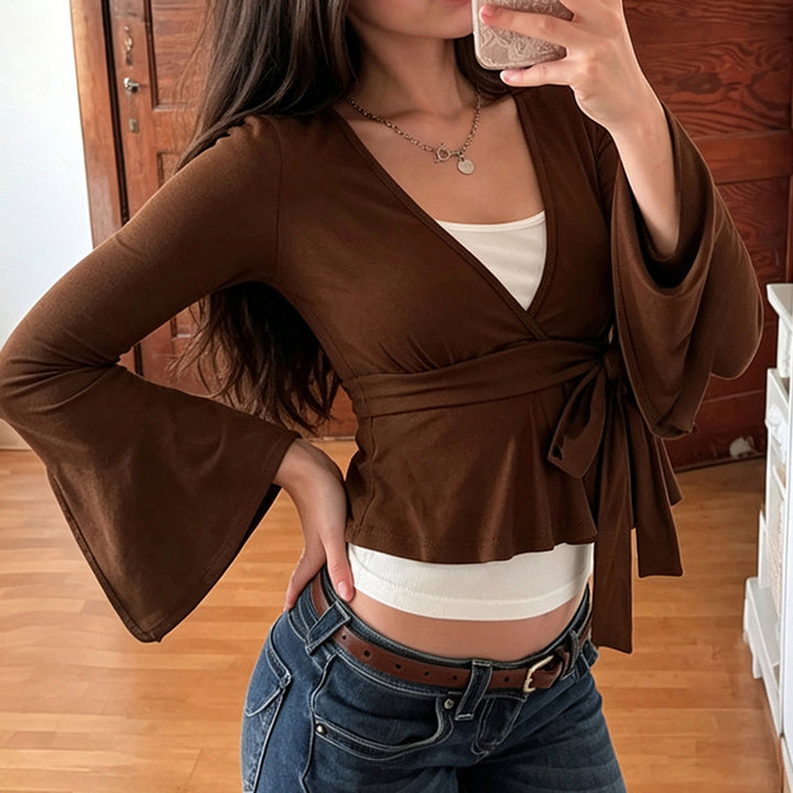 Damen Wickel-Peplum-Top mit Glockenärmeln Drune