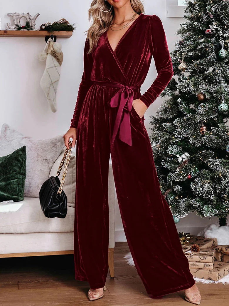 Damen Samt‑Jumpsuit mit Wickel‑V‑Ausschnitt, weitem Bein und Taillengürtel Drune