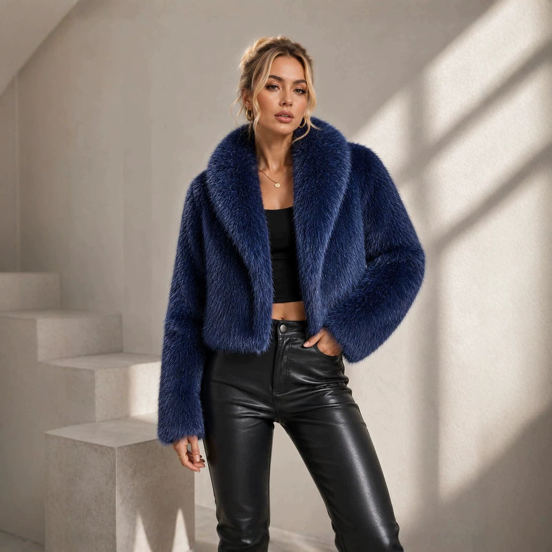 Damen Cropped Kunstpelz-Kurzjacke mit extravoluminösem Schalkragen Drune