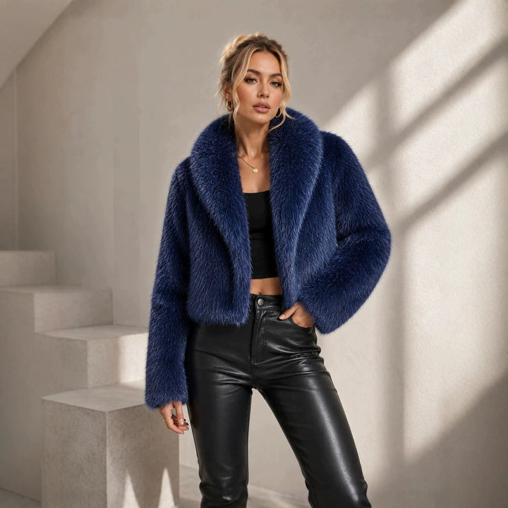 Damen Cropped Kunstpelz-Kurzjacke mit extravoluminösem Schalkragen Drune
