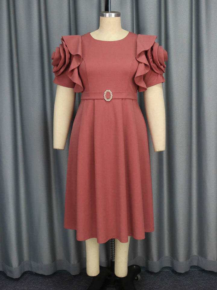 Damen Elegantes Midi-Kleid mit voluminösen Rüschenärmeln und funkelndem Schmuckdetail Drune