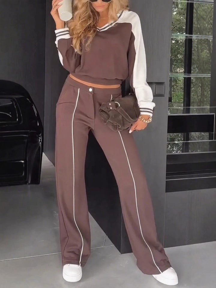 Damen nan sportlich-elegantes Zweiteiler-Set aus Baumwollmix mit V-Ausschnitt Sweatpullover und hochgeschnittener Schlaghose Drune