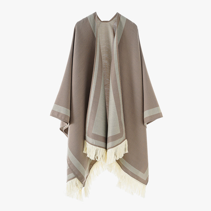 Damen Gefütterter Oversize‑Capeponcho im Kimono‑Schnitt mit Kontrastbordüre und Fransensaum Drune