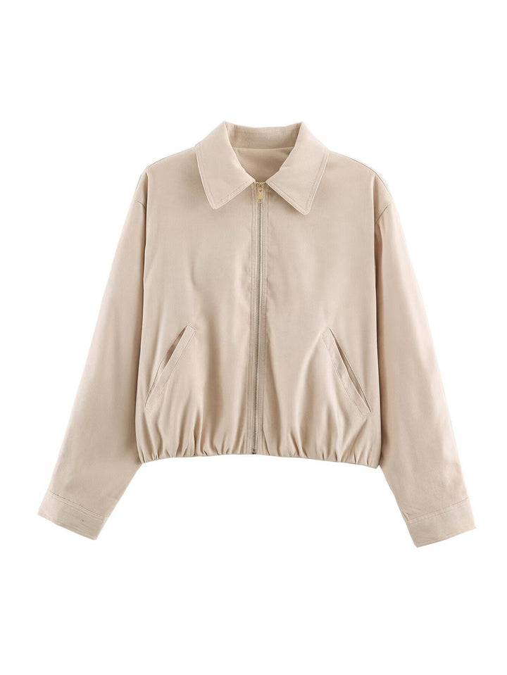 Damen Kurzblouson im Velours‑Look mit spitzem Hemdkragen und Gummizugsaum Drune