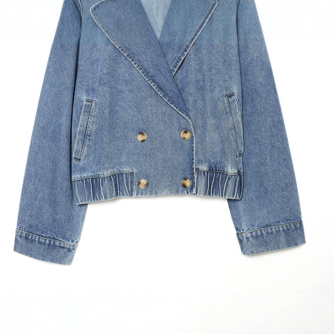 Damen kurze Double-Breasted Jeansjacke mit Überschlagkragen, Schulterklappen und gesmoktem Saum Drune