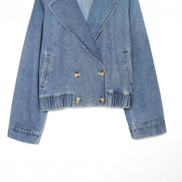 Damen kurze Double-Breasted Jeansjacke mit Überschlagkragen, Schulterklappen und gesmoktem Saum Drune