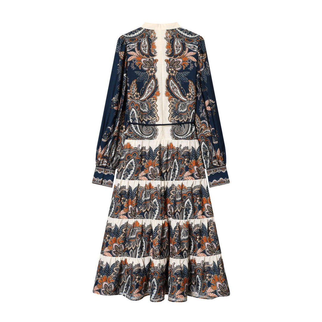 Damen nan fließendes Maxikleid mit Paisley-Muster, Taillenzug, Stehkragen und Stufenrock Drune