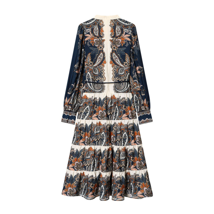 Damen nan fließendes Maxikleid mit Paisley-Muster, Taillenzug, Stehkragen und Stufenrock Drune