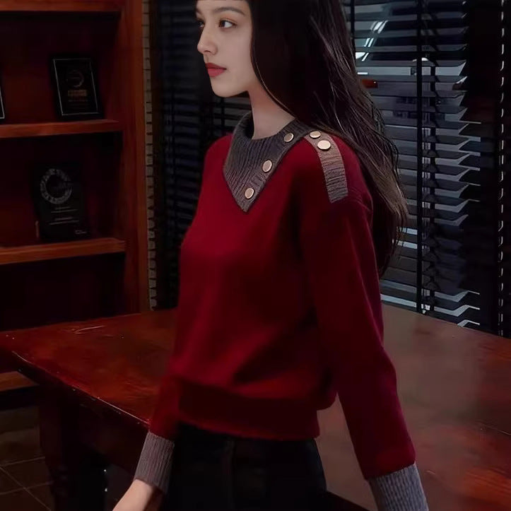 Damen Modischer Piqué Pullover mit Knopfdetails Drune