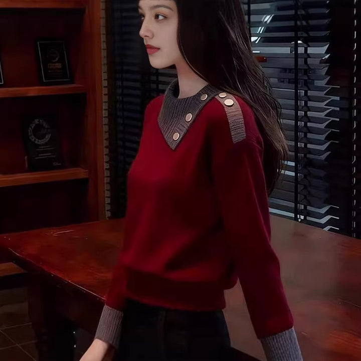 Damen Modischer Piqué Pullover mit Knopfdetails Drune