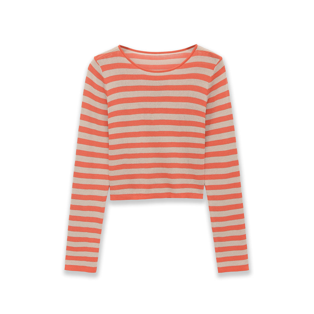 Damen Gestreifter Cropped-Feinstrickpullover mit U-Boot-Ausschnitt Drune