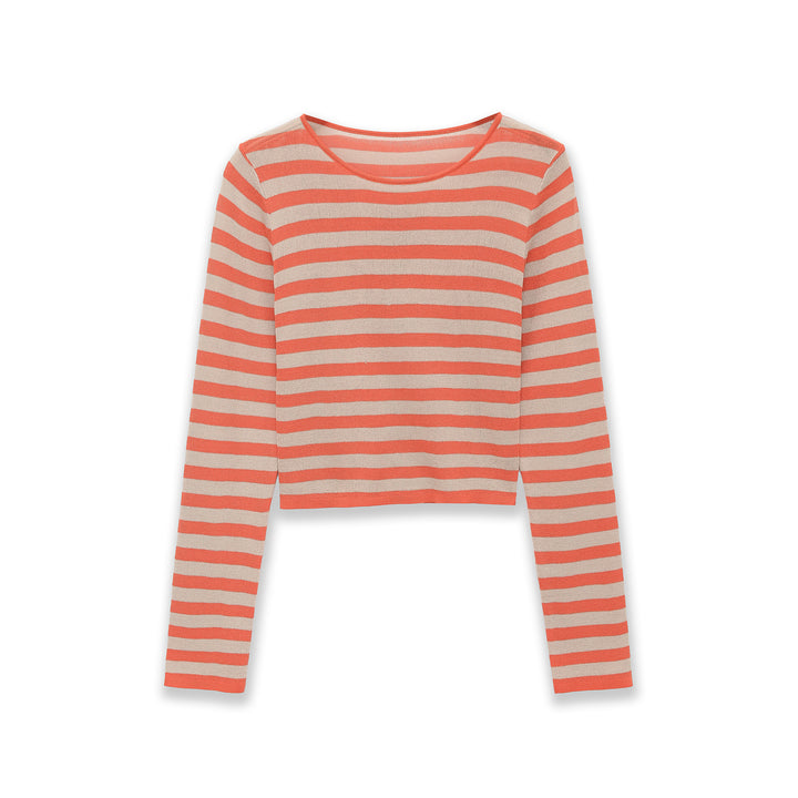 Damen Gestreifter Cropped-Feinstrickpullover mit U-Boot-Ausschnitt Drune