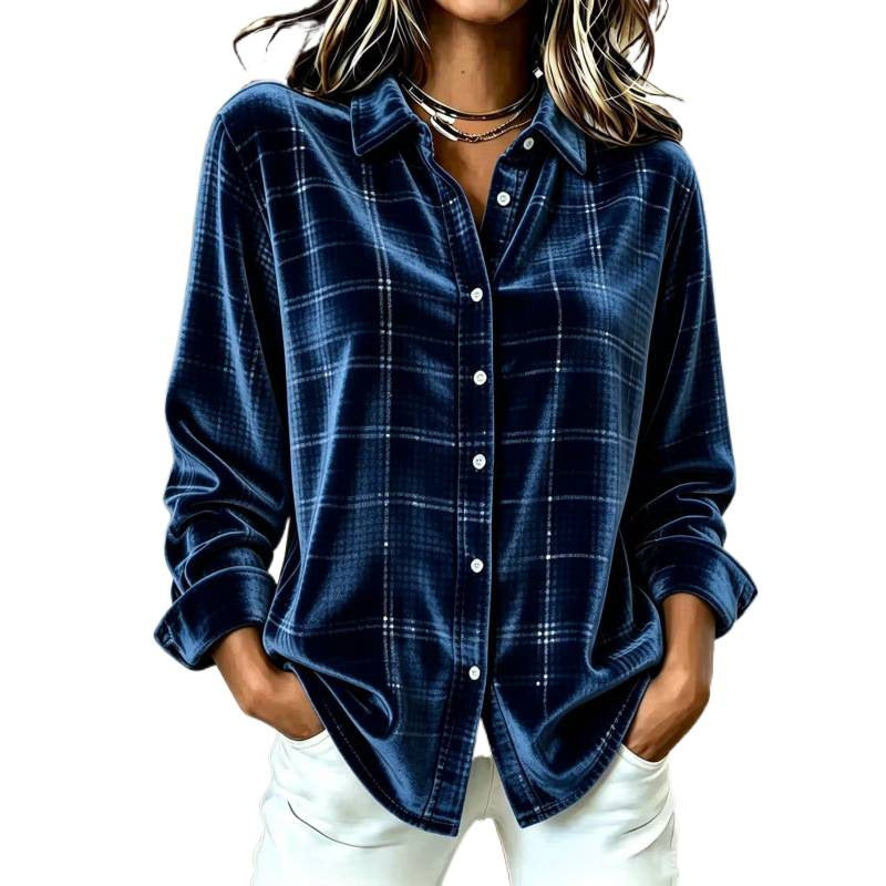 Damen Samt-Hemdbluse mit Karomuster und lockerem Oversize-Schnitt Drune